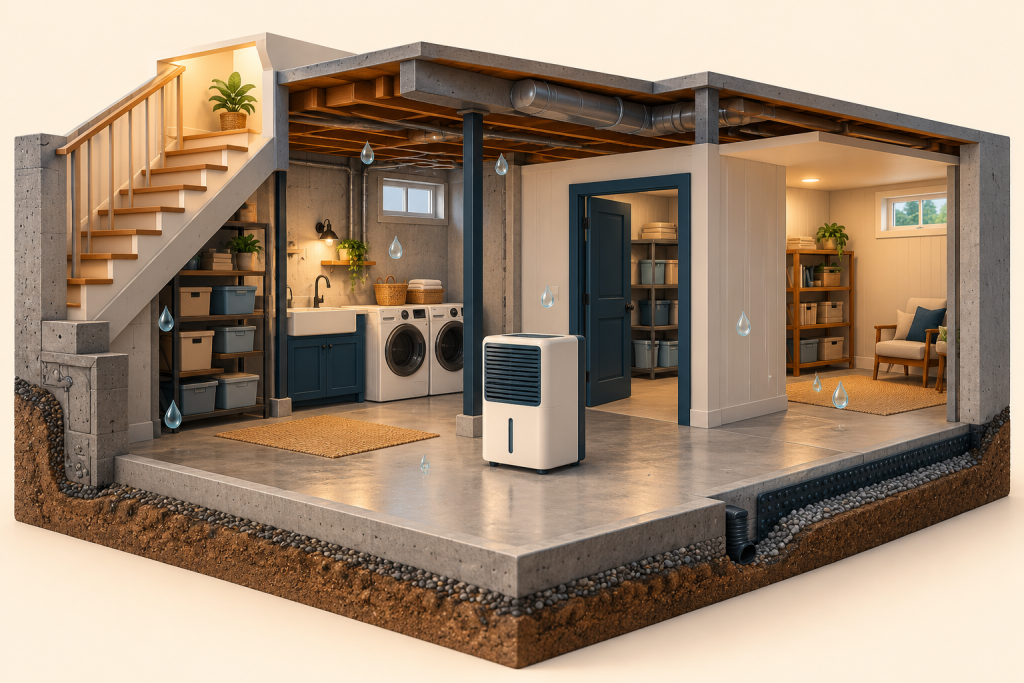 Conceptual basement cutaway with separate rooms and moisture sources