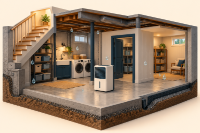 Conceptual basement cutaway with separate rooms and moisture sources