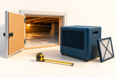 Conceptual crawl-space hatch, cabinet and measuring tape