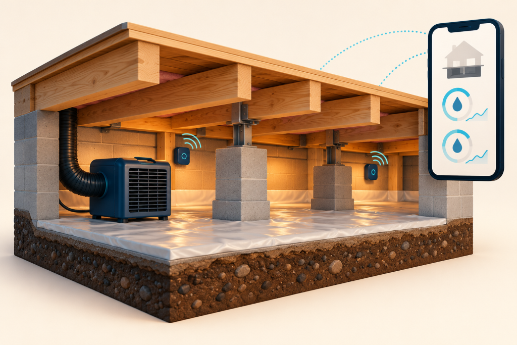 Conceptual crawl-space humidity monitoring in separate bays