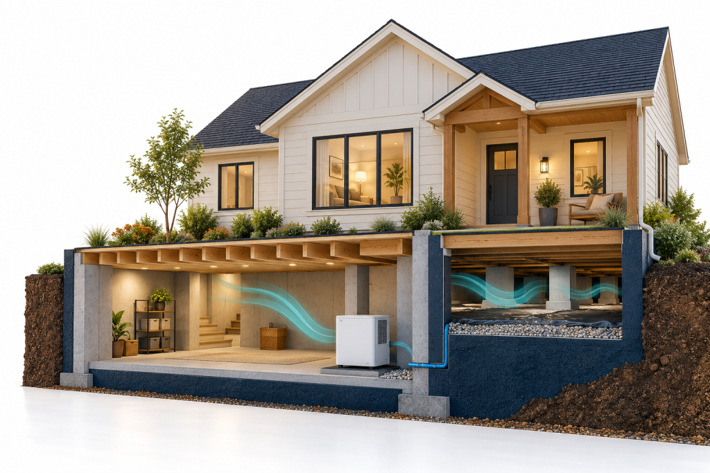 Editorial cutaway illustration of a home with a basement and crawl space
