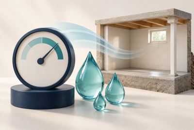 Conceptual humidity dial, water droplets and basement cutaway