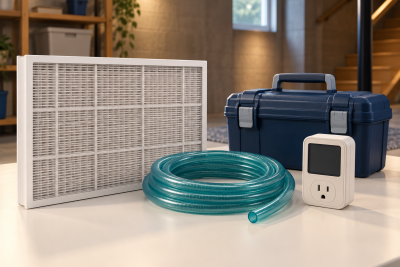 Editorial illustration of a filter, hose, toolbox and energy meter