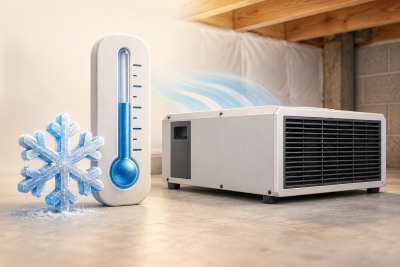 Conceptual illustration of temperature and dehumidifier performance in a cool basement