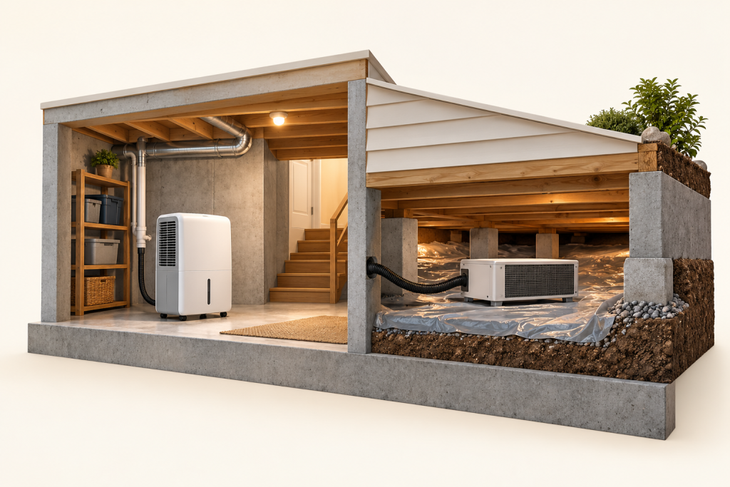 Conceptual comparison of portable and fixed dehumidifier arrangements