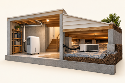 Conceptual comparison of portable and fixed dehumidifier arrangements
