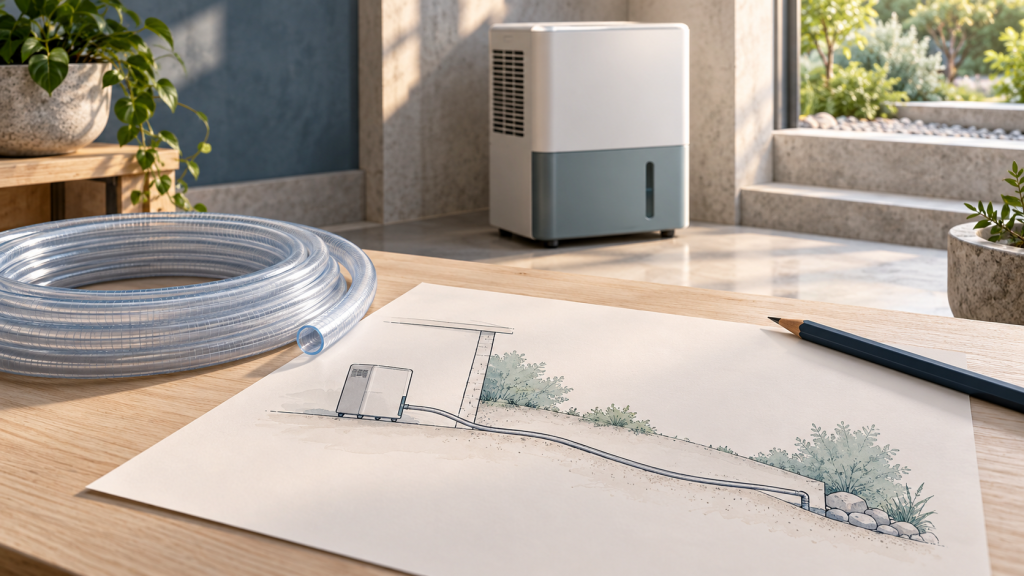 Conceptual illustration: How to plan a continuous downhill dehumidifier drain route