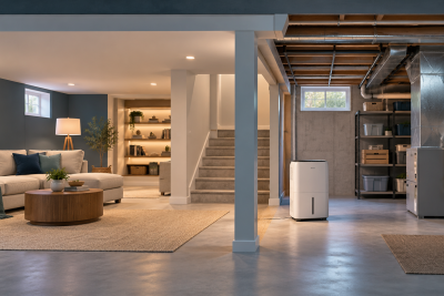 Conceptual illustration: Where to place a dehumidifier in a basement