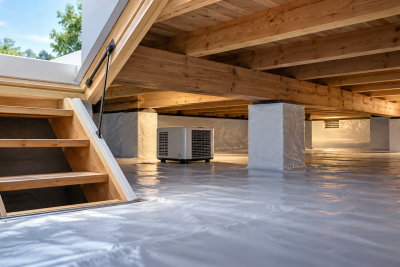 Conceptual illustration: Where to place a dehumidifier in a crawl space